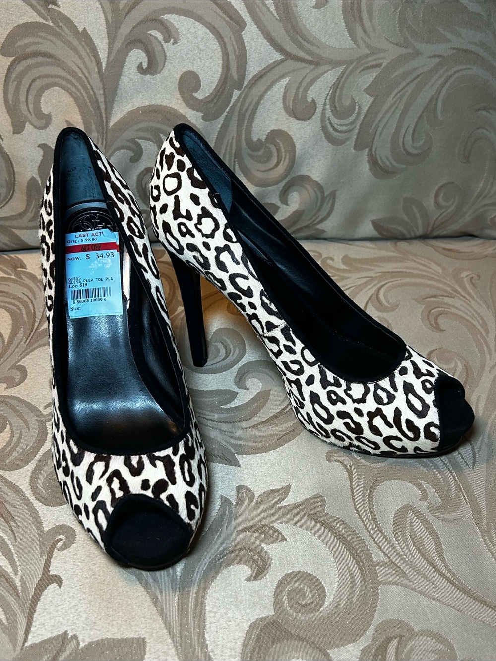 Guess Women’s 8 Cowhide Leather Leopard Peep-Toe High Heels Cream Brown Black